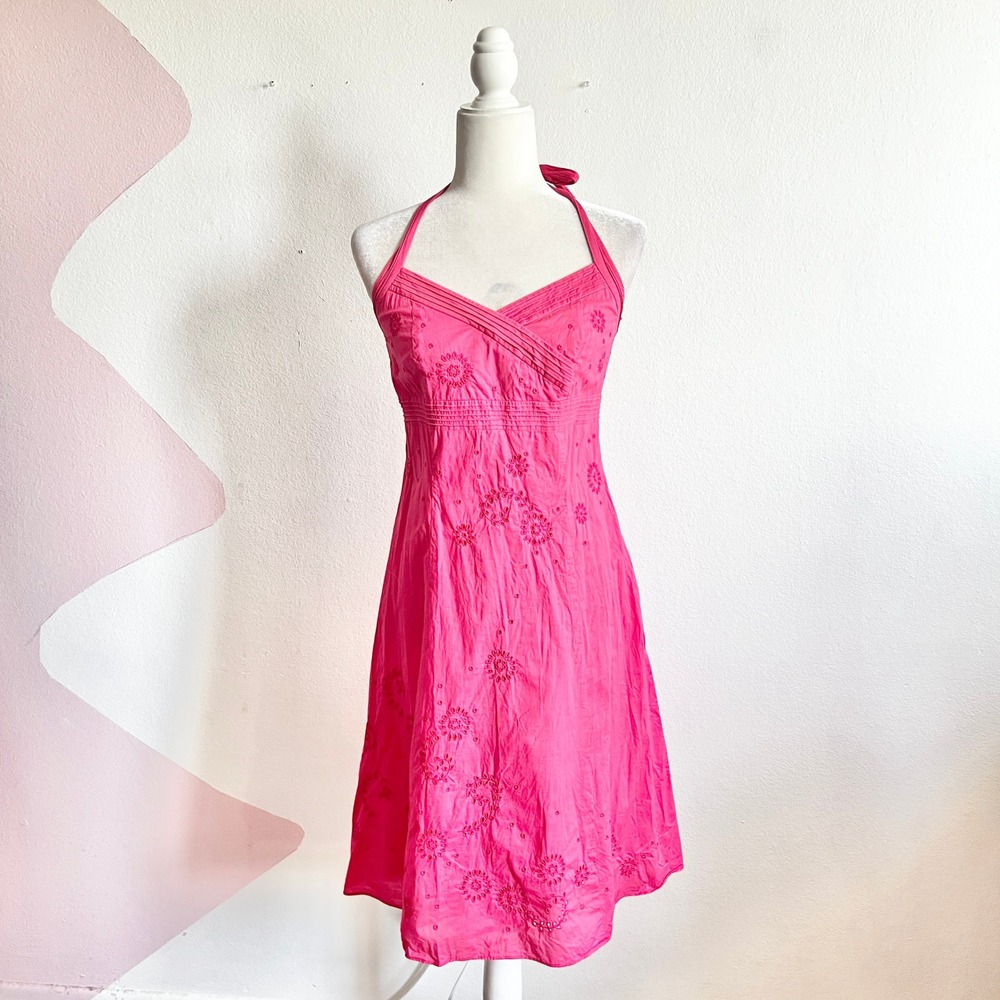 Ann Taylor‎ Pink Halter Eyelet Dress Coquette 100% Cotton